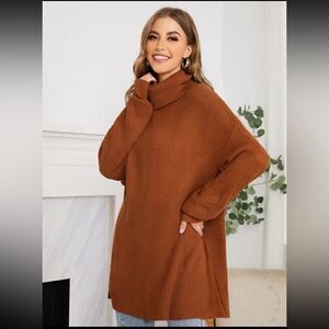 Shein Funnel Neck Drop Shoulder Ribbed Knit Sweater